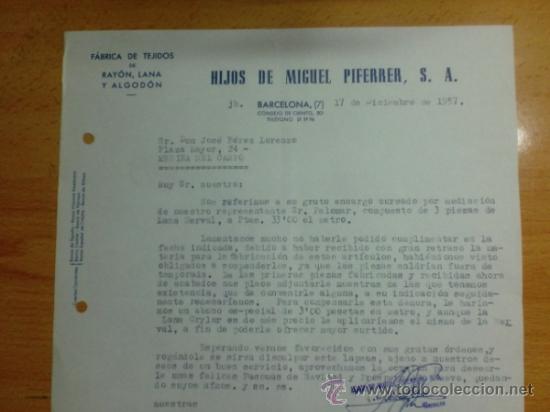 Lettere commerciali: CARTA COMERCIAL. BARCELONA. DICIEMBRE 1957. HIJOS DE MIGUEL FERRER, S. A. FABRICA DE TEJIDOS.