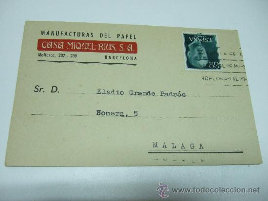 Cartas comerciales: CARTA DE LA CASA MIQUEL RIUS - BARCELONA A MALAGA - CIRCULADA - TARJETA AVISO GIRO - 1959