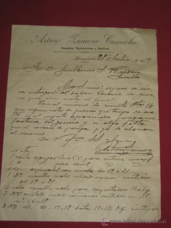Cartas comerciales: CARTA COMERCIAL DE 1919 - ARTURO ZAMORA CAMACHO - COMESTIBLES REPRESENTACIONES Y COMISIONES