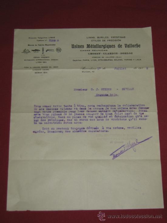 Cartas comerciales: CARTA COMERCIAL DE 1922 - USINES METALLURGIQUES DE VALLORBE - BARCELONA