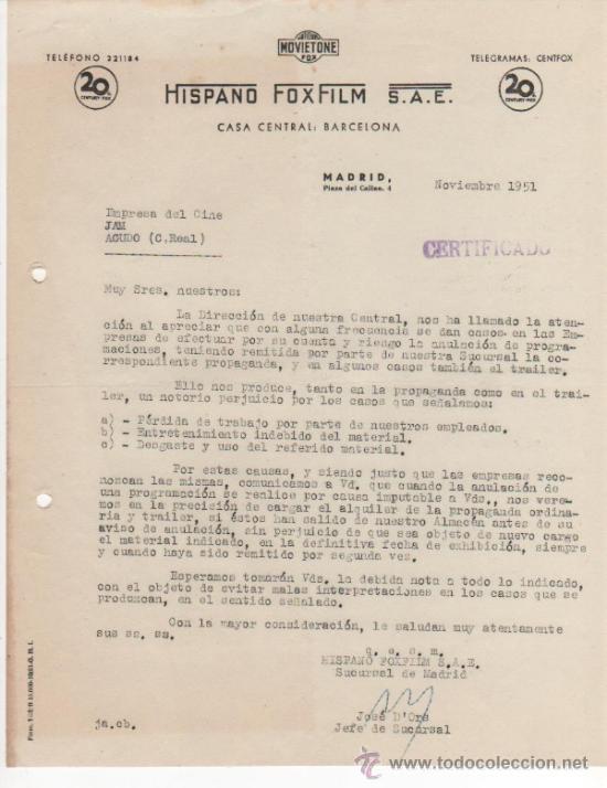 Cartas comerciais: Lote de documentos cinematogr&aacute;fica Hispano Foxflim S.A.E. Cartas y otros documentos. Ver fotos