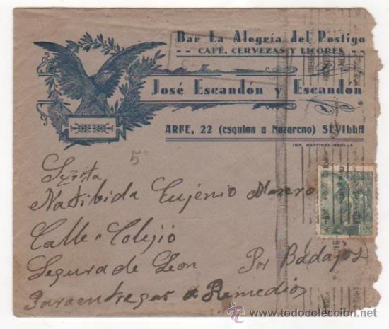 Cartas comerciais: Rar&iacute;simo sobre y carta comercial del Bar La Alegr&iacute;a del Postigo de Jos&eacute; Escand&oacute;n. Sevilla 1939
