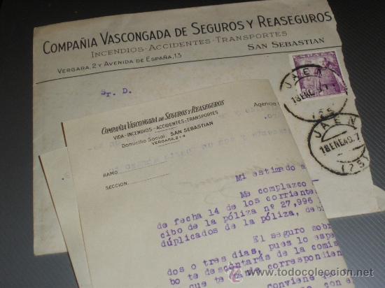Cartas comerciales: COMPA&Ntilde;IA VASCONGADA DE SEGUROS Y REASEGUROS, SAN SEBASTIAN 1949. - Foto 1