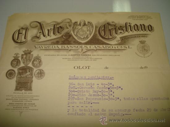 Cartas comerciales: Antigua Carta de EL ARTE CRISTIANO ,Vayreda ,Bassols,Casab&oacute; y C&ordf;. S.L. OLOT de 1920s.