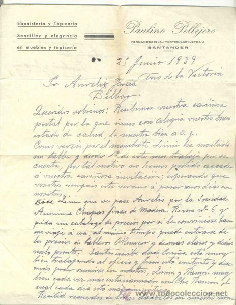Cartas comerciales: Ebanister&iacute;a y tapicer&iacute;a .. Paulino Pellejero Santander 1939