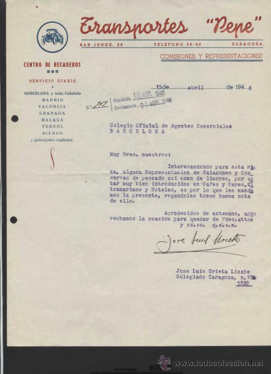 Commercial Letters: Zaragoza. *Transportes Pepe* Fechada 1948.