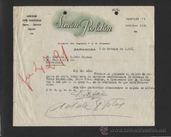 Cartas comerciales: Zaragoza. *Sim&oacute;n Rold&oacute;n* Fechada 1947. - Foto 1