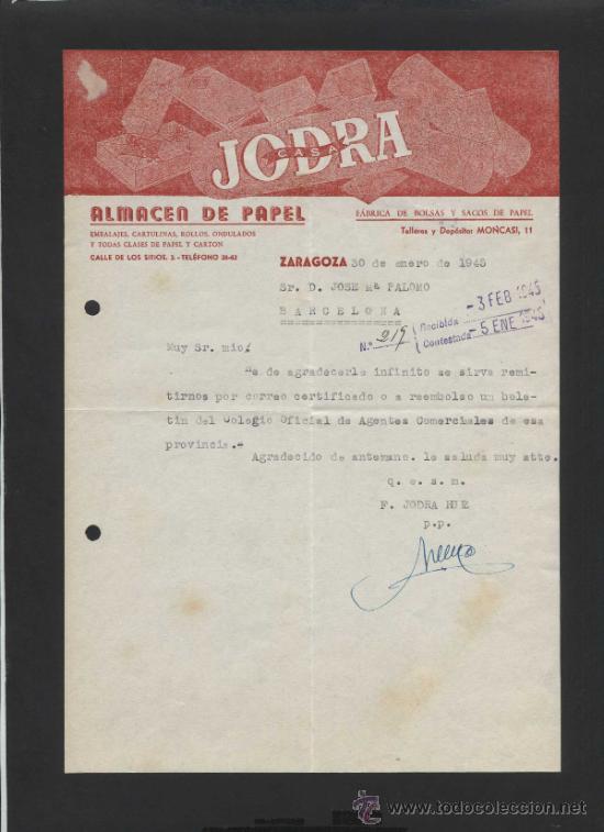 Cartas comerciales: Zaragoza *Casa Jodra* Fechada 1945.