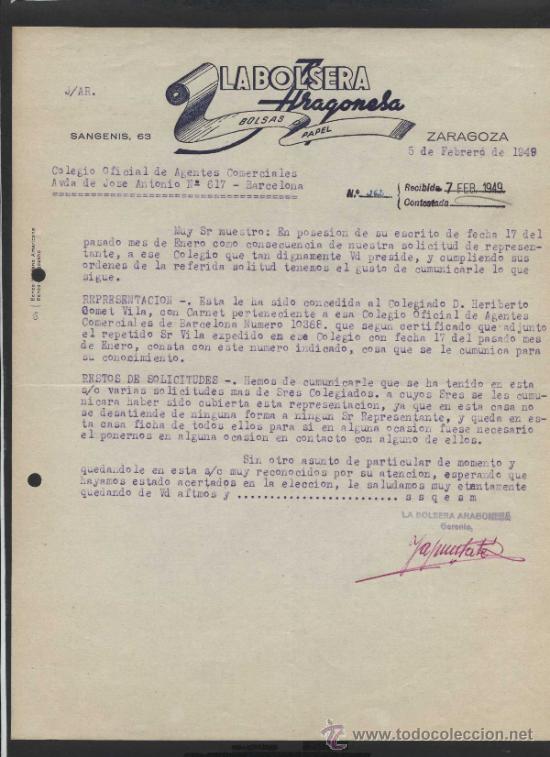 Commercial Letters: Zaragoza. *La Bolsera Aragonesa* Fechada 1949.