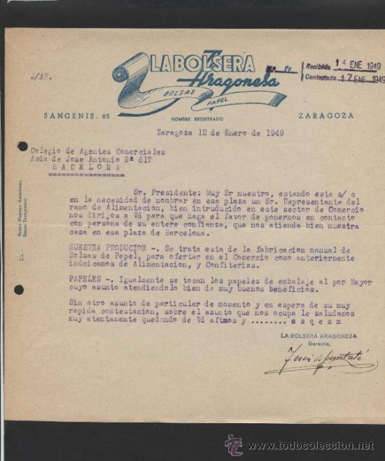 Cartas comerciales: Zaragoza. *La Bolsera Aragonesa* Fechada 1949.