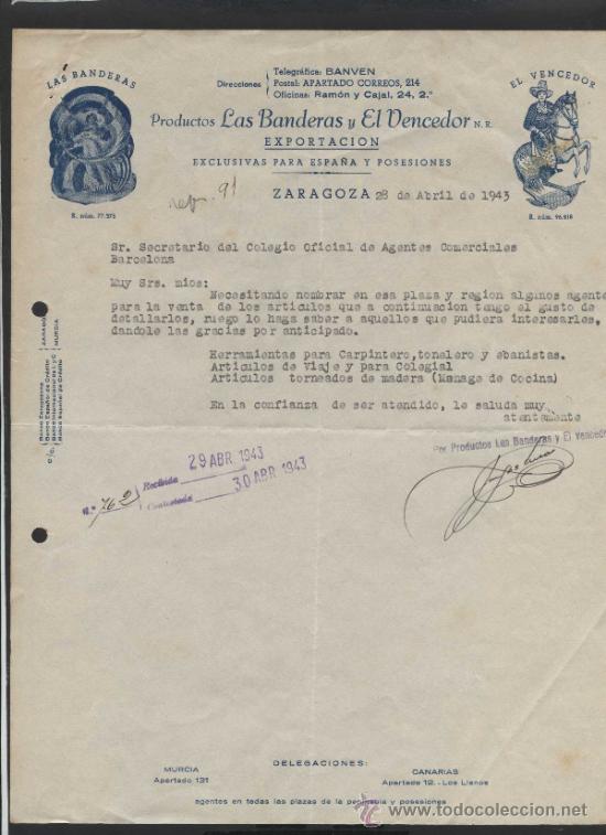Commercial Letters: Zaragoza *Productos Las Banderas y El Vencedor* Fechada 1943.