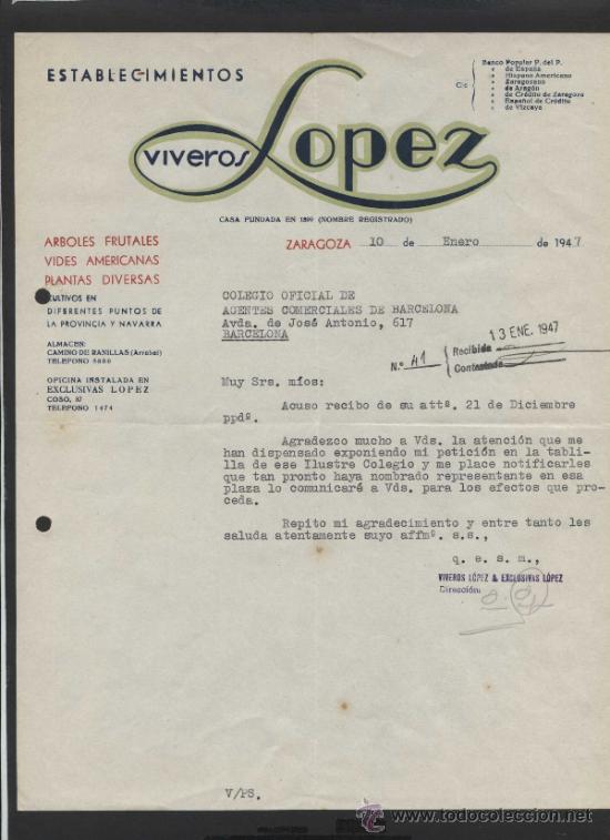 Cartas comerciais: Zaragoza *Viveros Lopez* Fechada 1947.