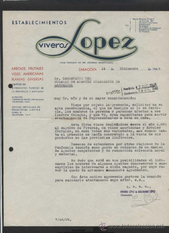 Cartas comerciales: Zaragoza *Viveros L&oacute;pez* Fechada 1946. - Foto 1