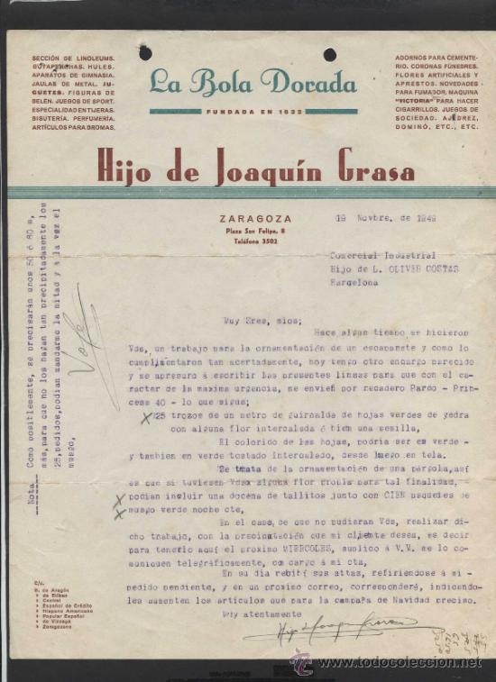 Cartas comerciales: Zaragoza *La Bola Dorada* Fechada 1949. - Foto 1