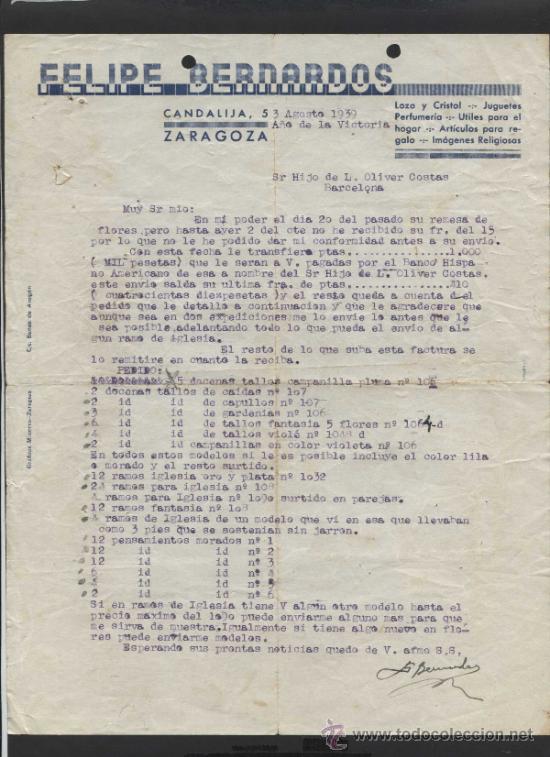 Gesch&auml;ftsbriefe: Zaragoza. *Felipe Bernardos* Fechada 1939.