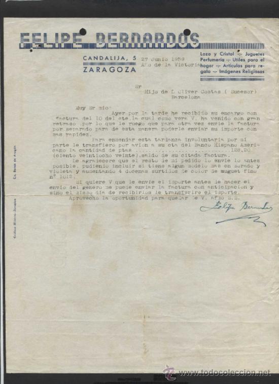 Commercial Letters: Zaragoza. *Felipe Bernardos* Fechada 1939.