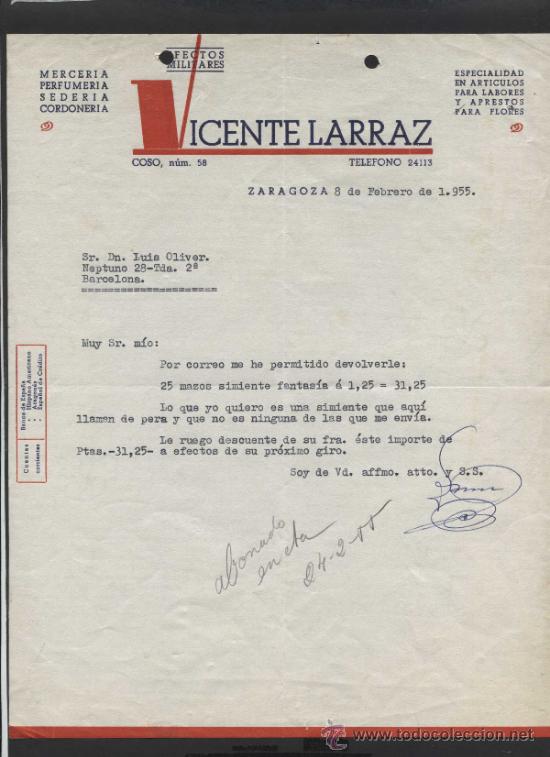 Commercial Letters: Zaragoza. *Vicente Larraz* Fechada 1955.