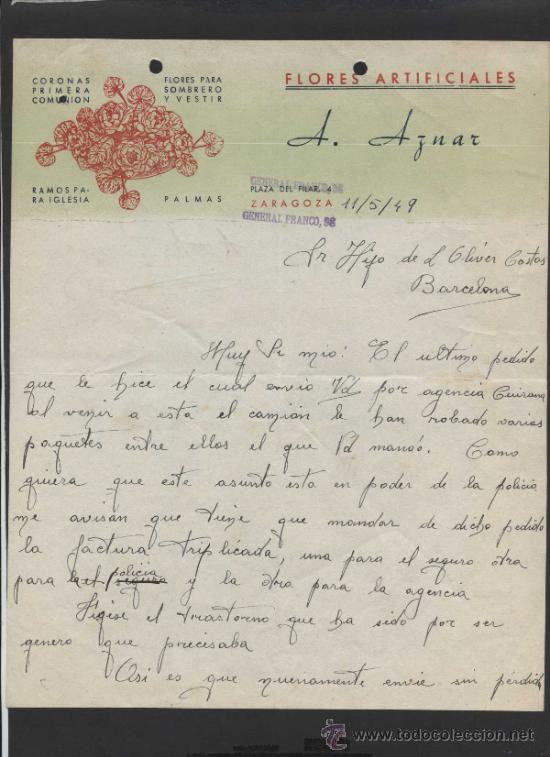 Commercial Letters: Zaragoza. *Flores Artificiales - A. Aznar* Dos hojas. Fechada 1949.