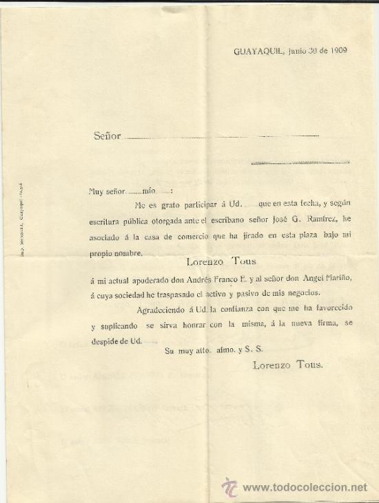 Lettres commerciales: CIRCULAR DE LORENZO TOUS Y COMPA&Ntilde;IA, GUAYAQUIL, ECUADOR, 1909