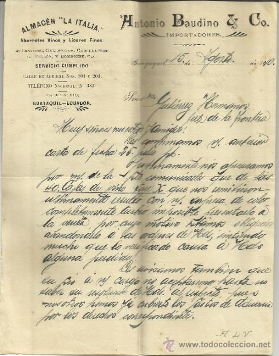 Lettres commerciales: CARTA COMERCIAL DE ANTONIO BAUDI&Ntilde;O & COMPA&Ntilde;IA. ALMAC&Eacute;N LA ITALIA. GUAYAQUIL, ECUADOR, 1910