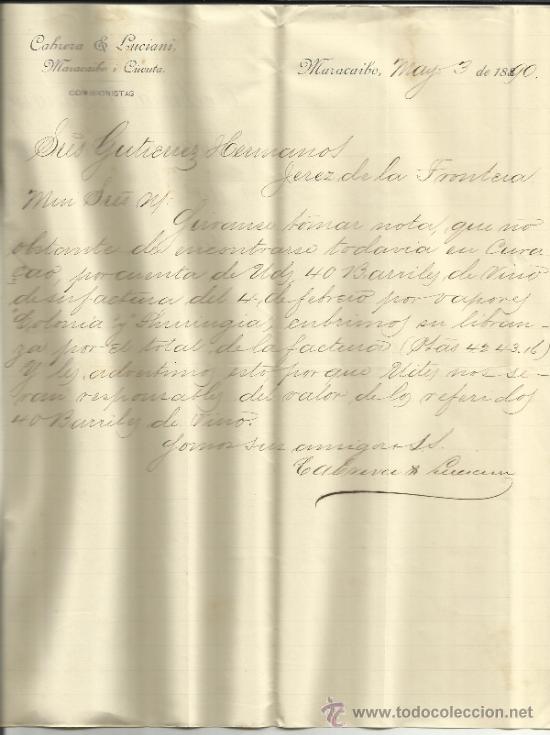 Lettres commerciales: CARTA COMERCIAL DE CABRERA & LUCIANI COMISIONISTAS. MARACAIBO, VENEZUELA. 1890