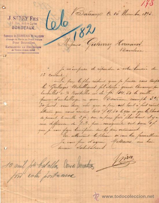 Cartas comerciais: CARTA COMERCIAL  J. SIREY FILS, FABRIQUE DE FOURREAUX METALLIQUES. BORDEAUX 1893,  FRANCE