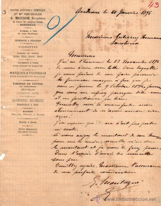 Cartas comerciais: CARTA COMERCIAL  G. MONTAGN&Eacute;, GRAVURE ARTISTIQUE & COMMERCIALE. BORDEAUX 1895,  FRANCE