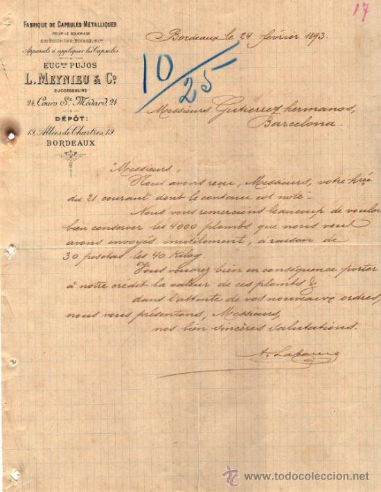 Cartas comerciais: CARTA COMERCIAL L. MEYNIEU & C&ordm;,  FABRIQUE DE CAPSULES M&Eacute;TALLIQUES BORDEAUX 1893,  FRANCE