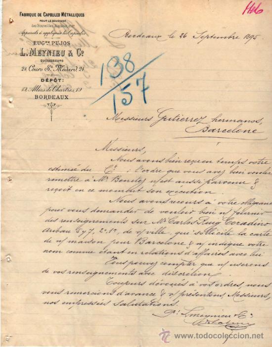 Cartas comerciais: CARTA COMERCIAL L. MEYNIEU & C&ordm;,  FABRIQUE DE CAPSULES M&Eacute;TALLIQUES BORDEAUX 1895,  FRANCE