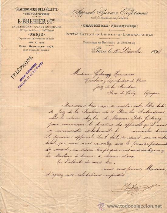 Cartas comerciais: CARTA COMERCIAL E.BREHIER & CIE, INGENIEURS - CONSTRUCTEURS. PARIS 1894