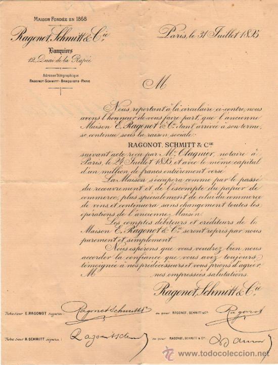 Cartas comerciais: CARTA COMERCIAL RAGONOT SCHMITT & CIE. BANQUIERS, PARIS 1895