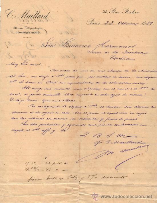 Cartas comerciais: CARTA COMERCIAL C. MAILLARD. PARIS 1889