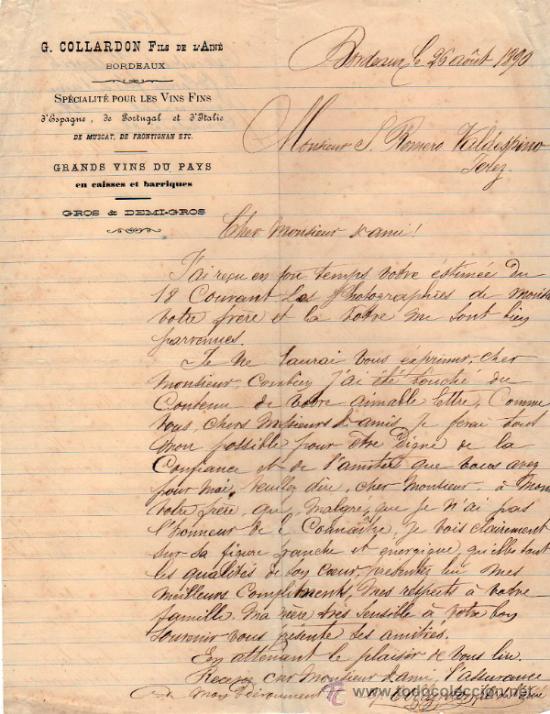 Cartas comerciais: CARTA COMERCIAL G. COLLARDON FILS DE L'AIN&Eacute;, SP&Eacute;CIALIT&Eacute; POUR LES VINS FINS D'ESPAGNE, BORDEAUX 1890