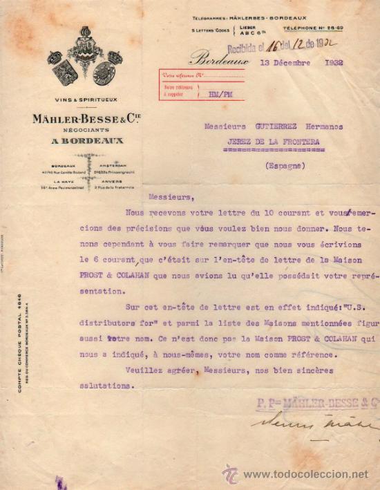 Cartas comerciais: CARTA COMERCIAL M&Auml;HLER - BESSE &  CIE. VINS ET SPIRITUEUX. BORDEAUX 1932, FRANCE