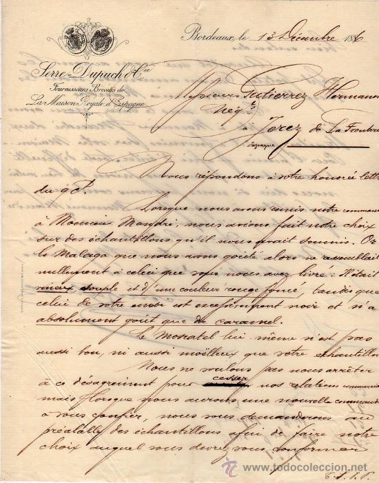 Cartas comerciais: CARTA COMERCIAL SERRE-DUPUCH & Cie,FOURNISSEURS BREVET&Eacute;S DE LA MAISON ROYALE D'ESPAGNE,BORDEAUX 1886