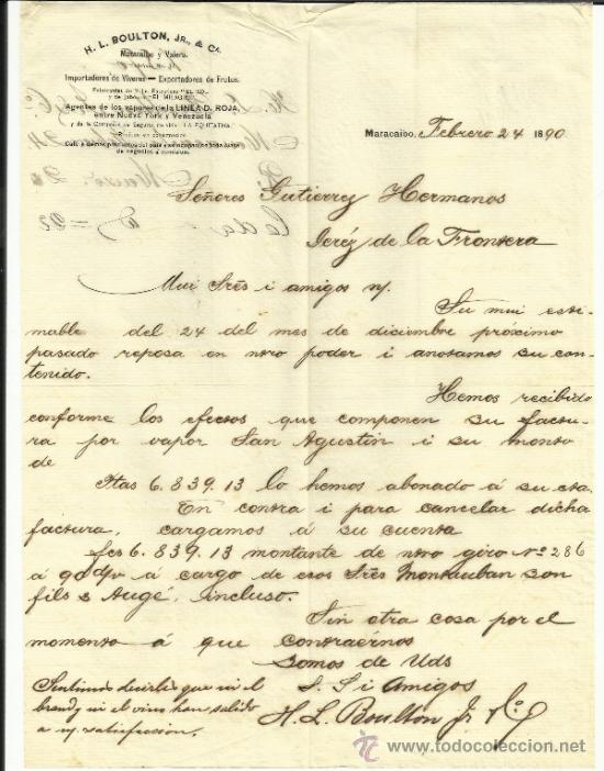 Lettres commerciales: CARTA COMERCIAL DE H.L. BOULTON, JR. Y C&ordf;. MARACAIBO, VENEZUELA. 1890