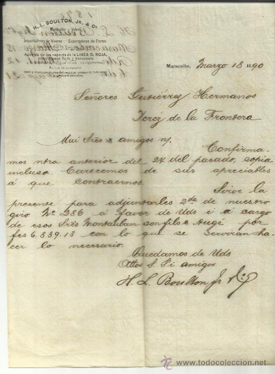 Lettres commerciales: CARTA COMERCIAL DE H.L. BOULTON, JR. Y C&ordf;. MARACAIBO, VENEZUELA.1890