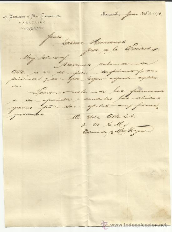 Lettres commerciales: CARTA COMERCIAL DE EDUARDO & MAC GREGOR. MARACAIBO, VENEZUELA, 1890