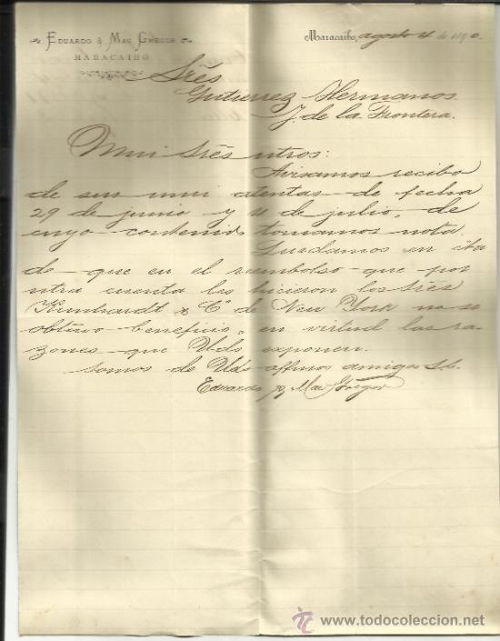 Lettres commerciales: CARTA COMERCIAL DE EDUARDO & MAC GREGOR. MARACAIBO, VENEZUELA, 1890