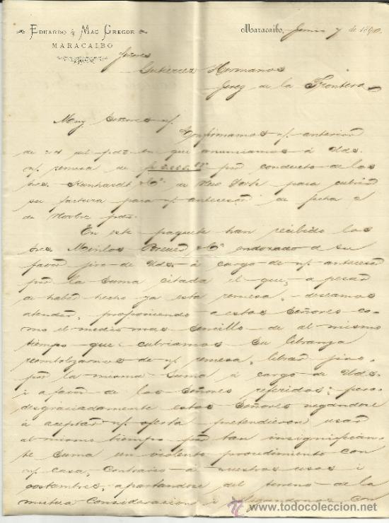 Lettres commerciales: CARTA COMERCIAL DE EDUARDO & MAC GREGOR. MARACAIBO, VENEZUELA, 1890
