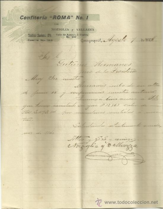 Cartas comerciais: CARTA COMERCIAL DE CONFITERIA ROMA DE NOZIGLIA Y VALLAZA. GUAYAQUIL, ECUADOR. 1908