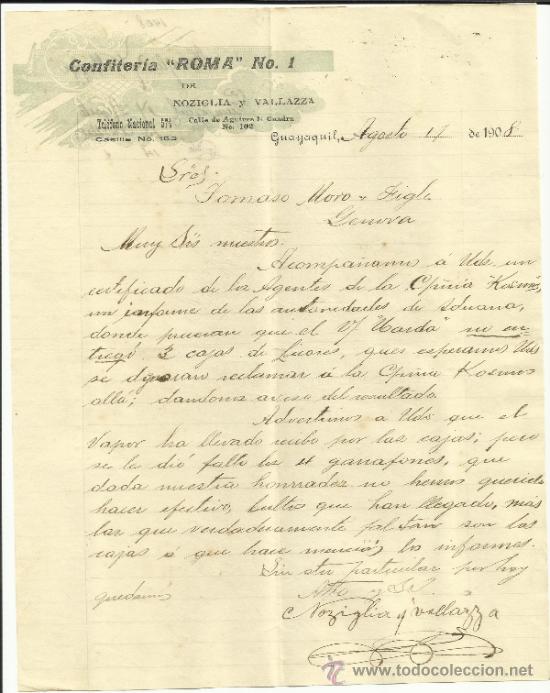 Cartas comerciais: CARTA COMERCIAL DE CONFITERIA ROMA DE NOZIGLIA Y VALLAZA. GUAYAQUIL, ECUADOR. 1908
