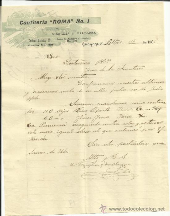 Cartas comerciais: CARTA COMERCIAL DE CONFITERIA ROMA DE NOZIGLIA Y VALLAZA. GUAYAQUIL, ECUADOR. 1908