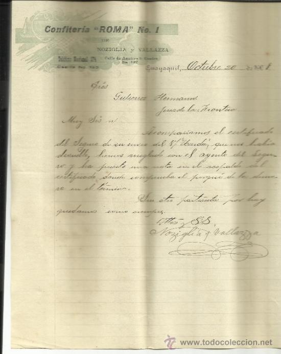 Cartas comerciais: CARTA COMERCIAL DE CONFITERIA ROMA DE NOZIGLIA Y VALLAZA. GUAYAQUIL, ECUADOR. 1908