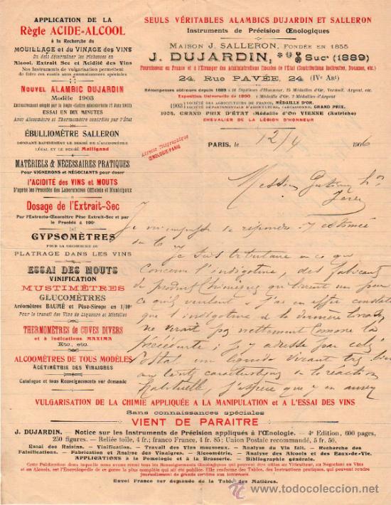 Cartas comerciais: CARTA COMERCIAL MAISON J. SALLERON,  J. DUJARDIN,  INTRUMENTS DE PR&Eacute;CISION OENOLOGIQUES. PARIS 1906