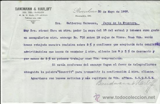 Cartas comerciais: CARTA COMERCIAL DE BANDMANN & HARLOFF. BARCELONA. 1908