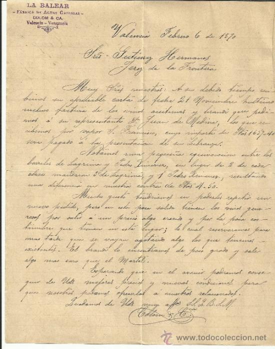 Cartas comerciais: CARTA COMERCIAL DE LA BALEAR FABRICA DE AGUAS GASEOSAS. VALENCIA, VENEZUELA. 1890