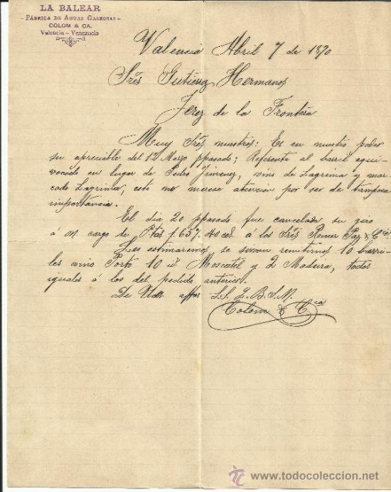 Cartas comerciais: CARTA COMERCIAL DE LA BALEAR FABRICA DE AGUAS GASEOSAS. VALENCIA, VENEZUELA. 1890