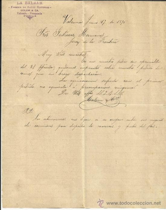 Cartas comerciais: CARTA COMERCIAL DE LA BALEAR FABRICA DE AGUAS GASEOSAS. VALENCIA, VENEZUELA. 1890