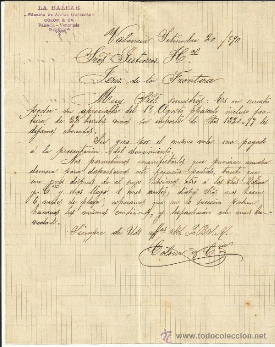 Cartas comerciais: CARTA COMERCIAL DE LA BALEAR FABRICA DE AGUAS GASEOSAS. VALENCIA, VENEZUELA. 1890